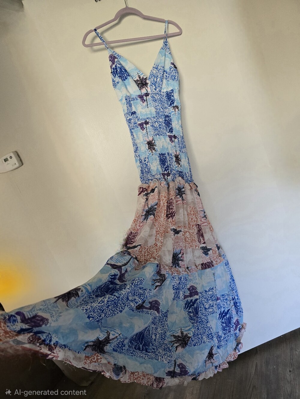 Chicways Boho Maxi Sundress in Blue & Peach Ajastable Spaghetti Strap, Smocked S